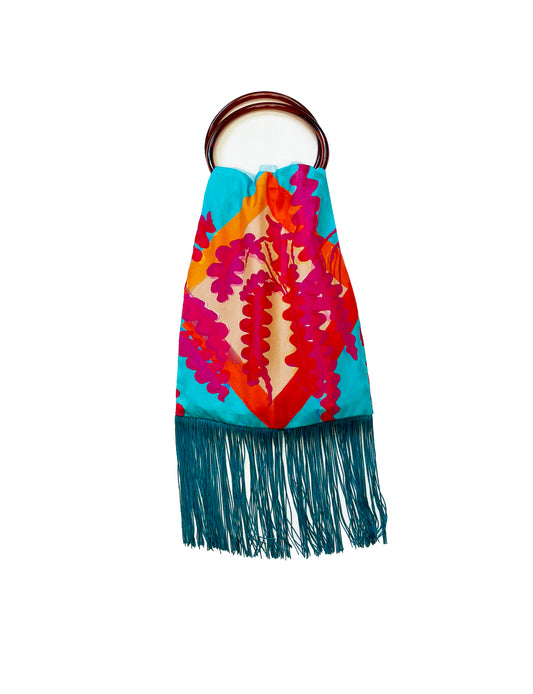 Colorful handbag with teal fringes