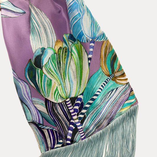 Eleni Malami Tulipa Mauve silk luxury handbag with elegant design and soft fabric, featuring a small, stylish accessory.