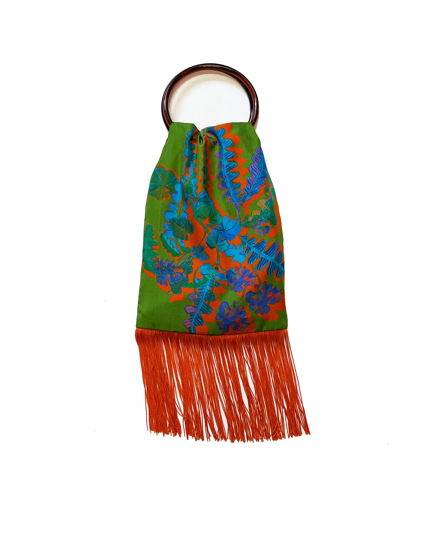 Geranium Green & Orange Silk Luxury Fringe Handbag