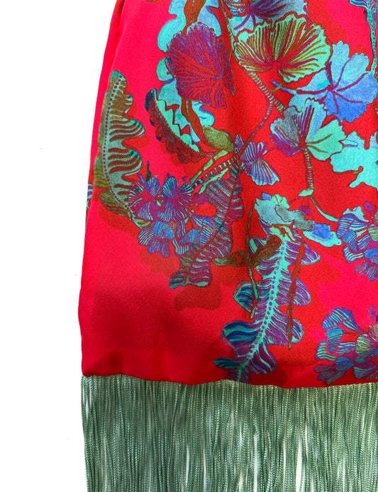Geranium Plum & Mint Silk Luxury Fringe Handbag