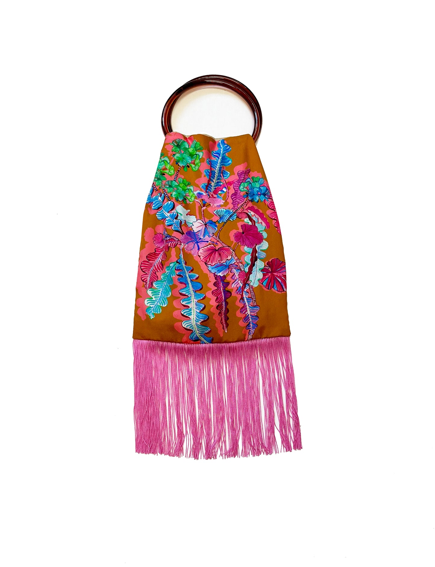 Geranium Toffee & Magenta Silk Luxury Fringe Handbag