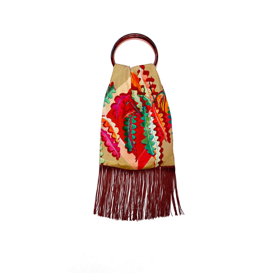 Eleni Malami Fern beige and burnt orange silk luxury fringe handbag with intricate detailing and elegant design.