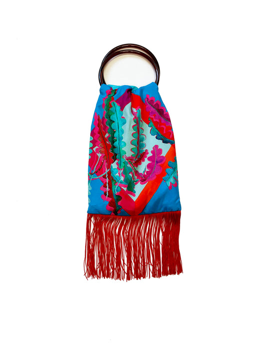Fern Cerulean & Scarlet Silk Luxury Fringe Handbag