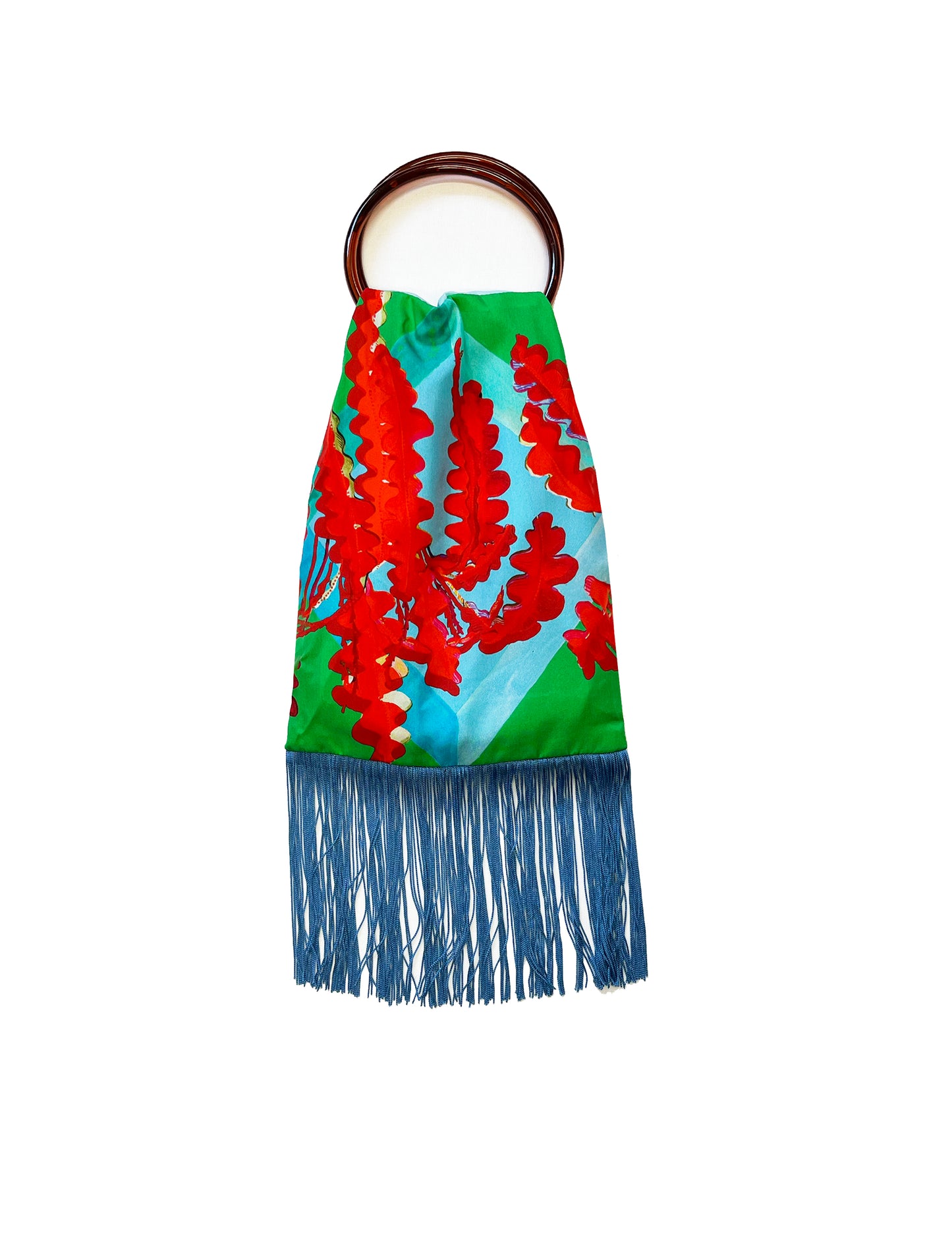 Fern Green & Scarlet Silk Luxury Fringe Handbag