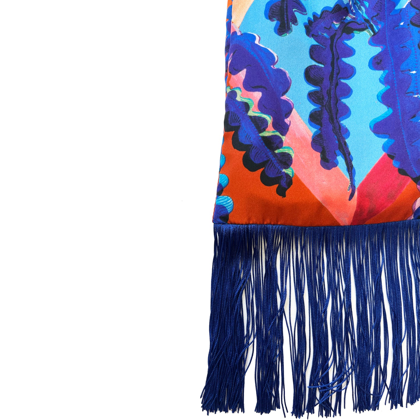 Eleni Malami Fern Toffee and Cobalt silk luxury fringe handbag with intricate detailing and elegant design.