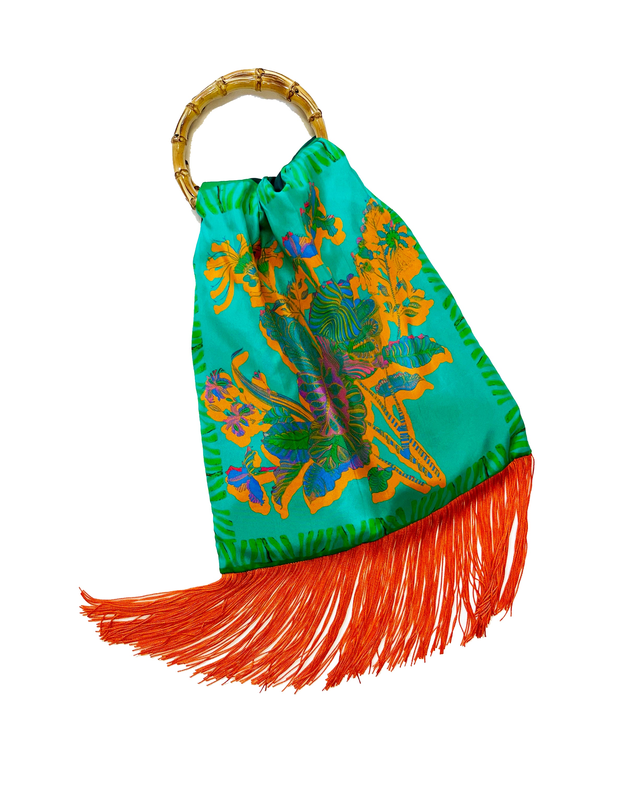 Avra Aqua & Orange Large Silk Luxury Fringe Handbag