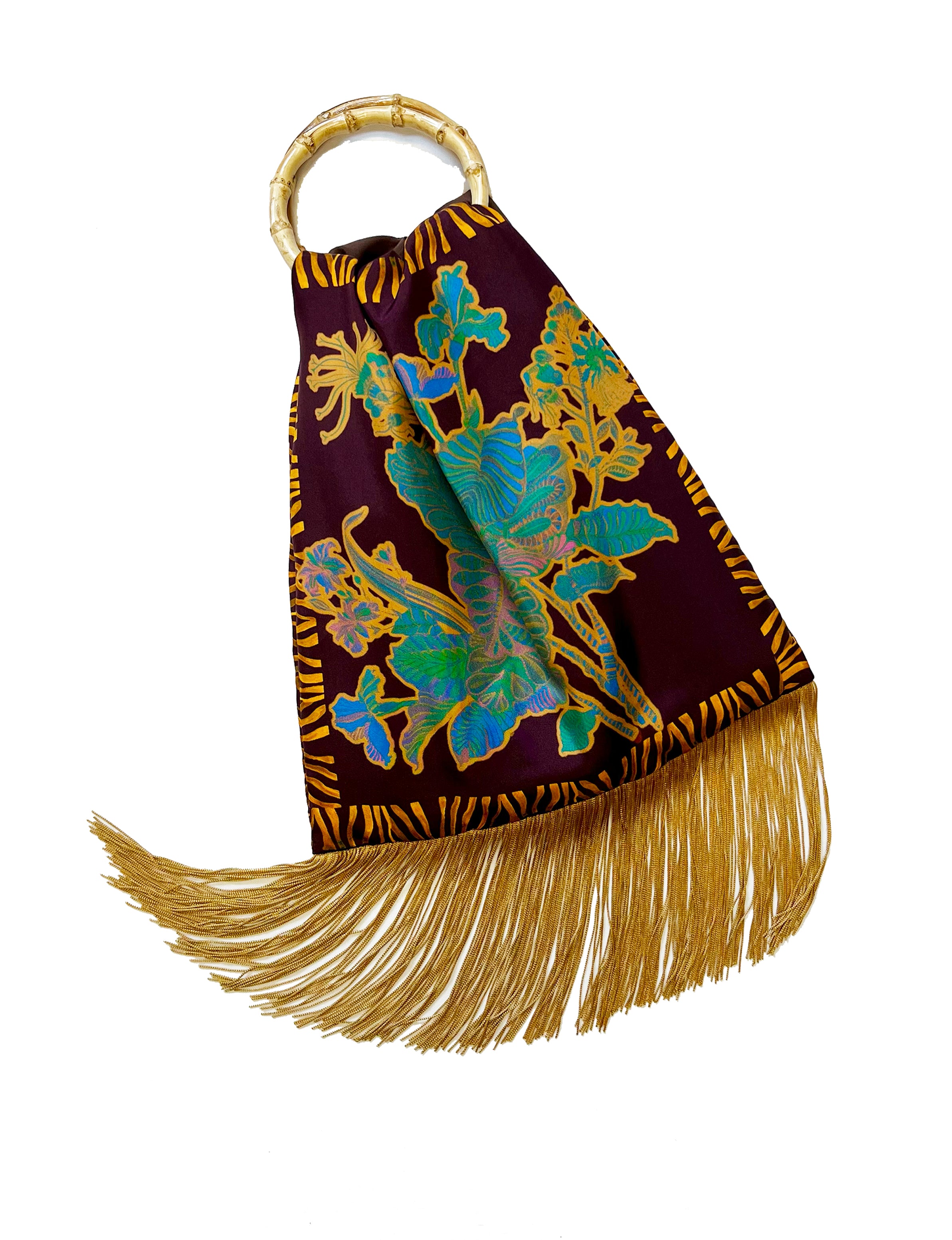 Avra Chocolate & Gold Large Silk Luxury Fringe Handbag