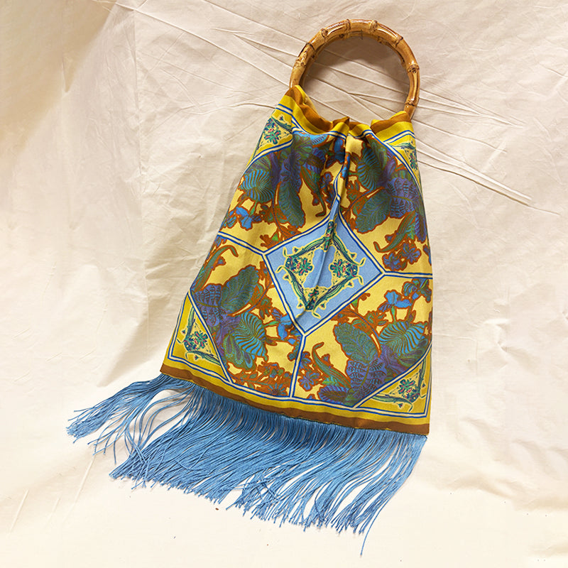 Avra Gold Large Silk Luxury Handbag with Bamboo Handle