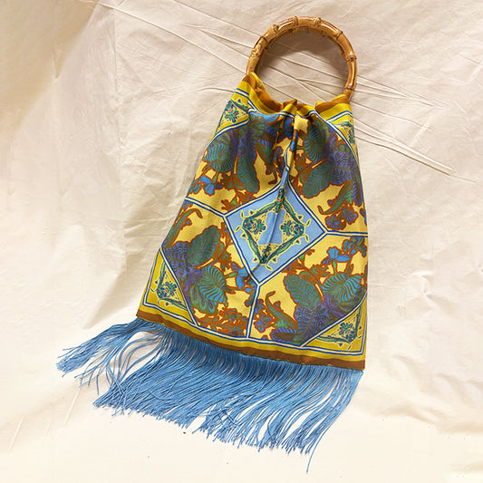 Avra Gold Large Silk Luxury Handbag with Bamboo Handle