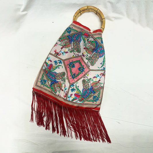 Avra Cream Large Silk Luxury Handbag with Bamboo Handle