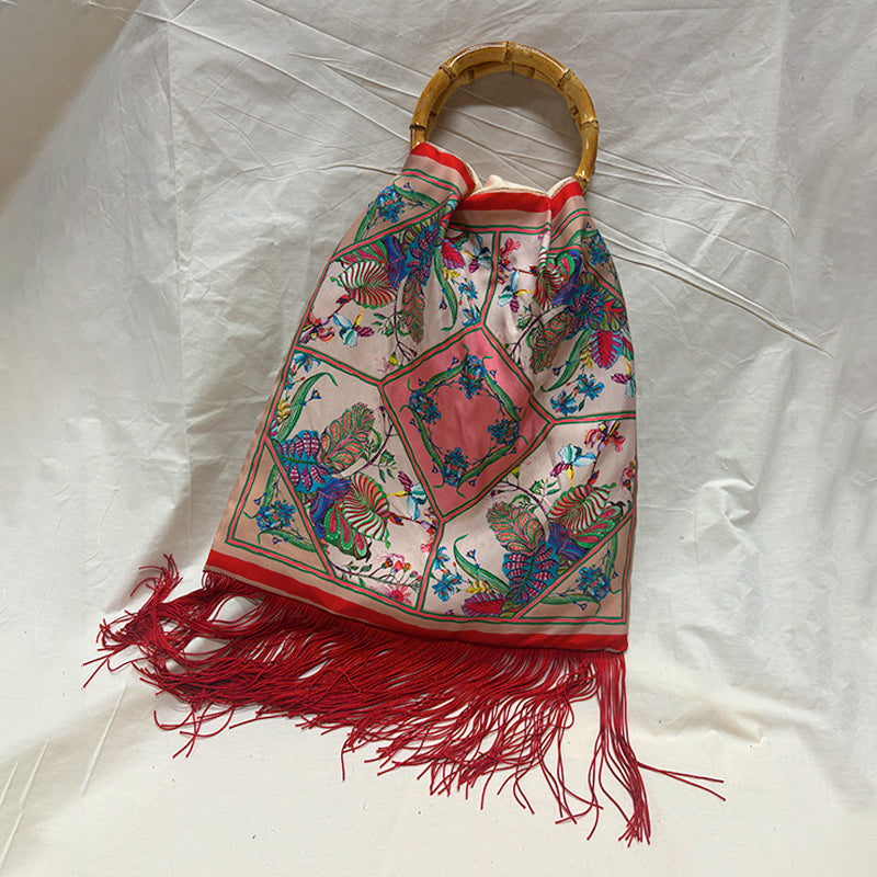 Avra Cream Large Silk Luxury Handbag with Bamboo Handle