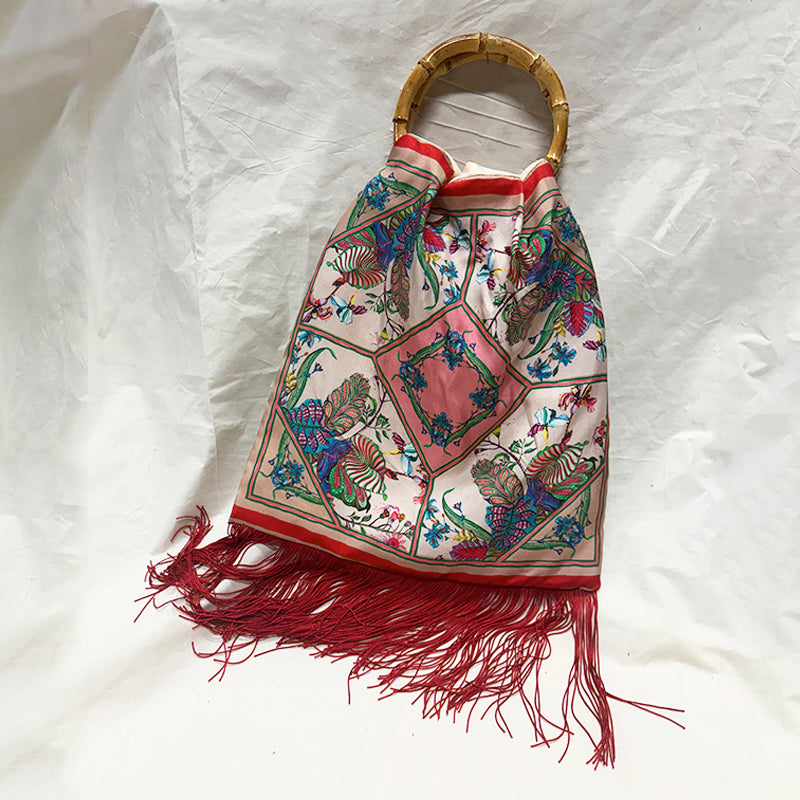 Avra Cream Large Silk Luxury Handbag with Bamboo Handle