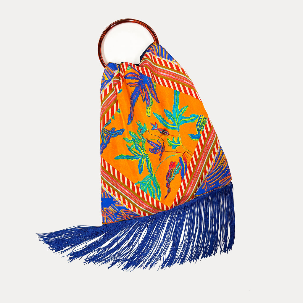 Eleni Malami Angelina Orange large silk fringe handbag with luxurious design and intricate fringe detailing.