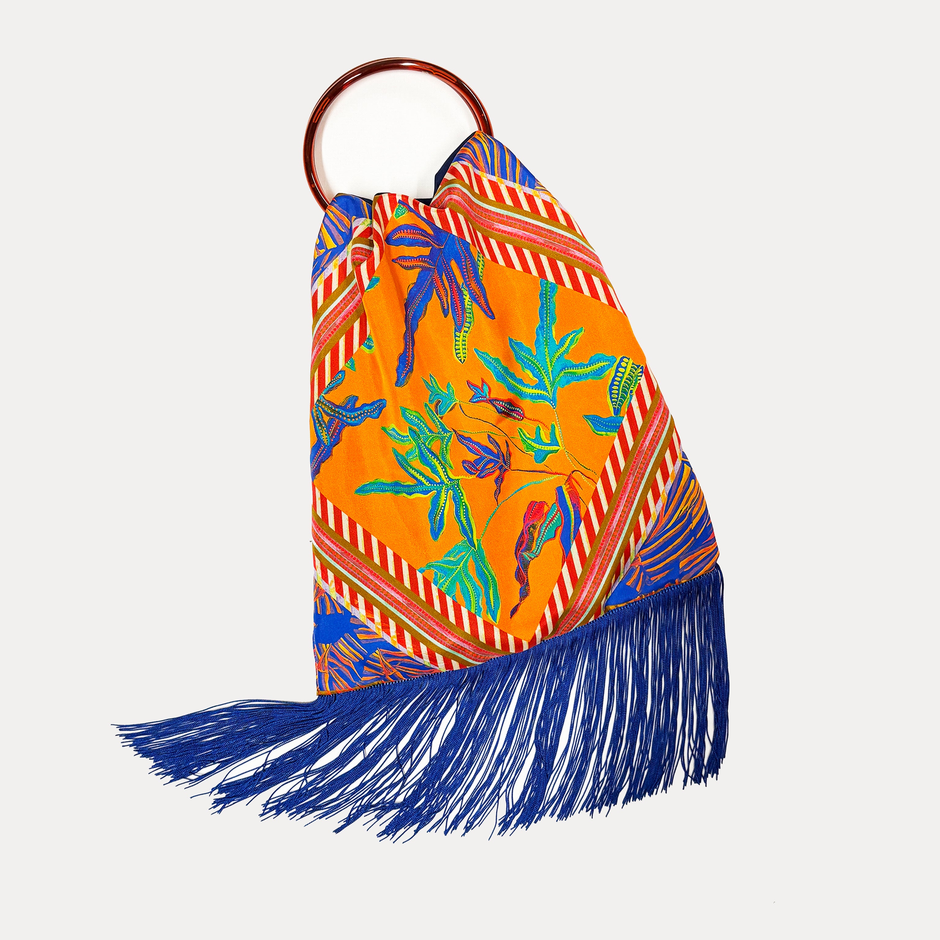Eleni Malami Angelina Orange large silk fringe handbag with luxurious design and intricate fringe detailing.