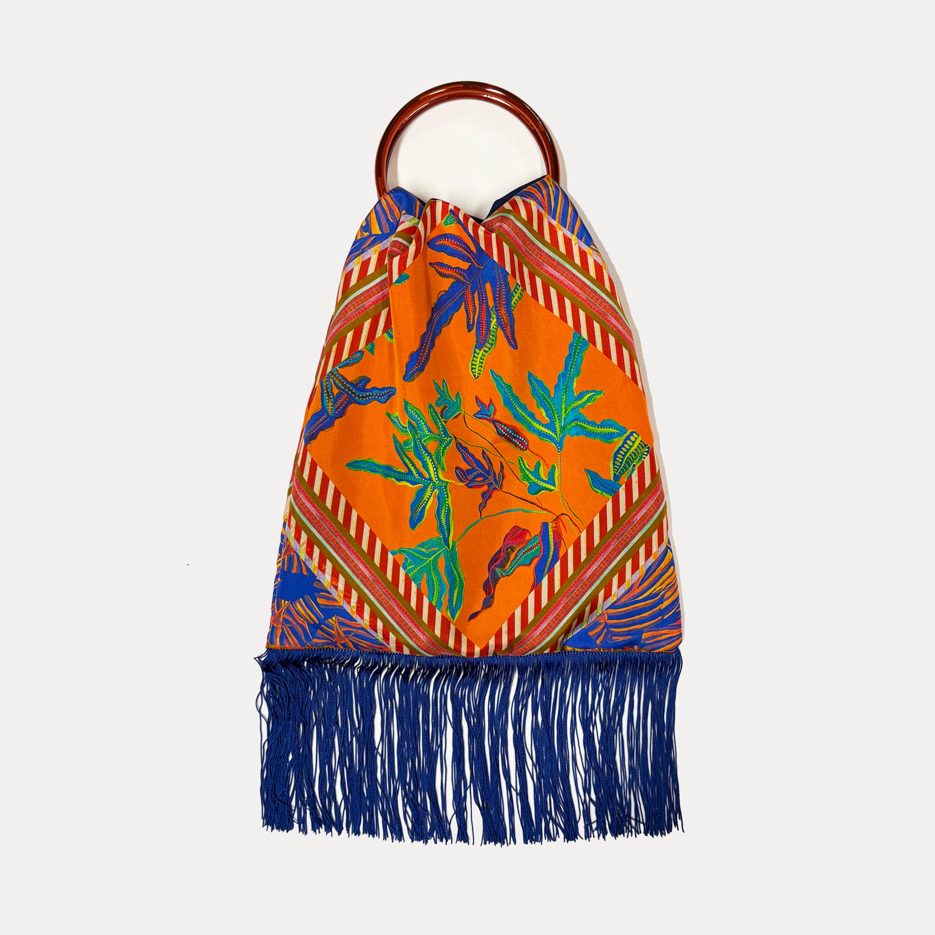 Eleni Malami Angelina Orange large silk fringe handbag with luxurious design and intricate detailing, perfect for elegant occasions.