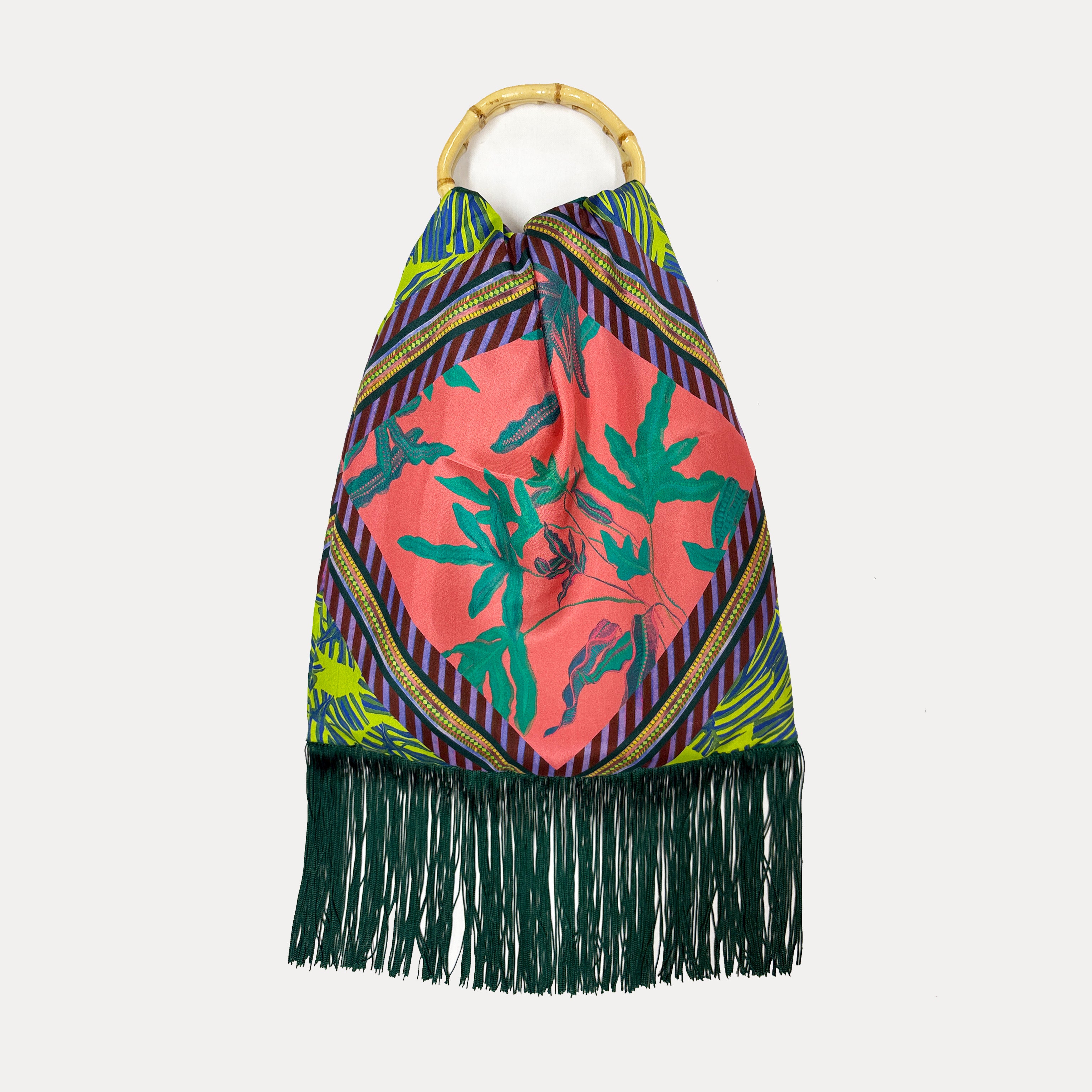 Angelina Peach large silk luxury handbag with bamboo handle by Eleni Malami, features elegant fringe detailing and spacious interior.
