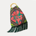 Eleni Malami large peach silk fringe handbag with bamboo handle, stylish and luxurious accessory with intricate detailing