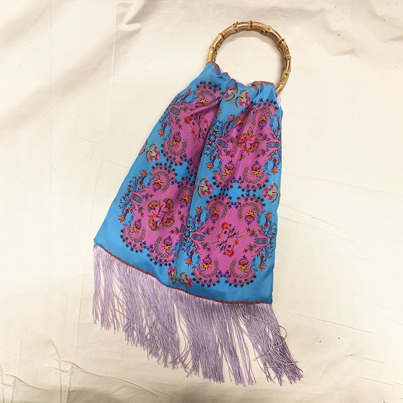 Myrine Ciel & Lilac Large Silk Luxury Handbag with Bamboo Handle