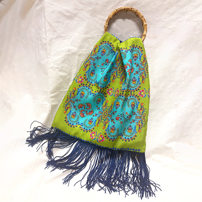 Myrine Olive Large Silk Luxury Handbag with Bamboo Handle - Eleni Malami