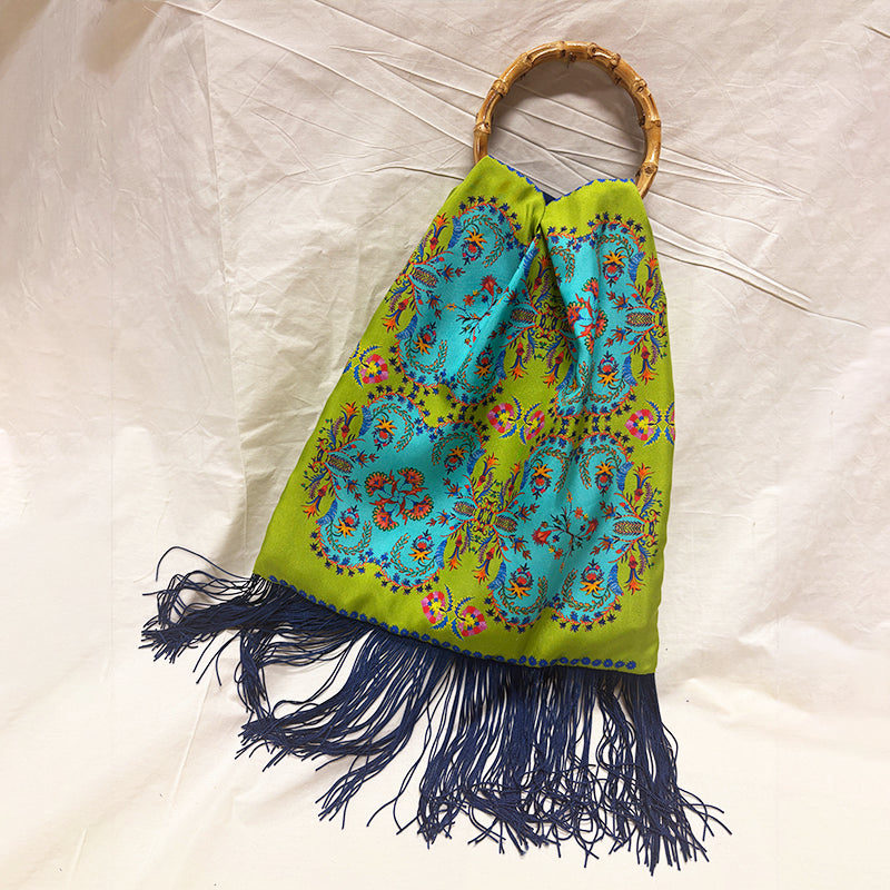 Myrine Olive Large Silk Luxury Handbag with Bamboo Handle - Eleni Malami