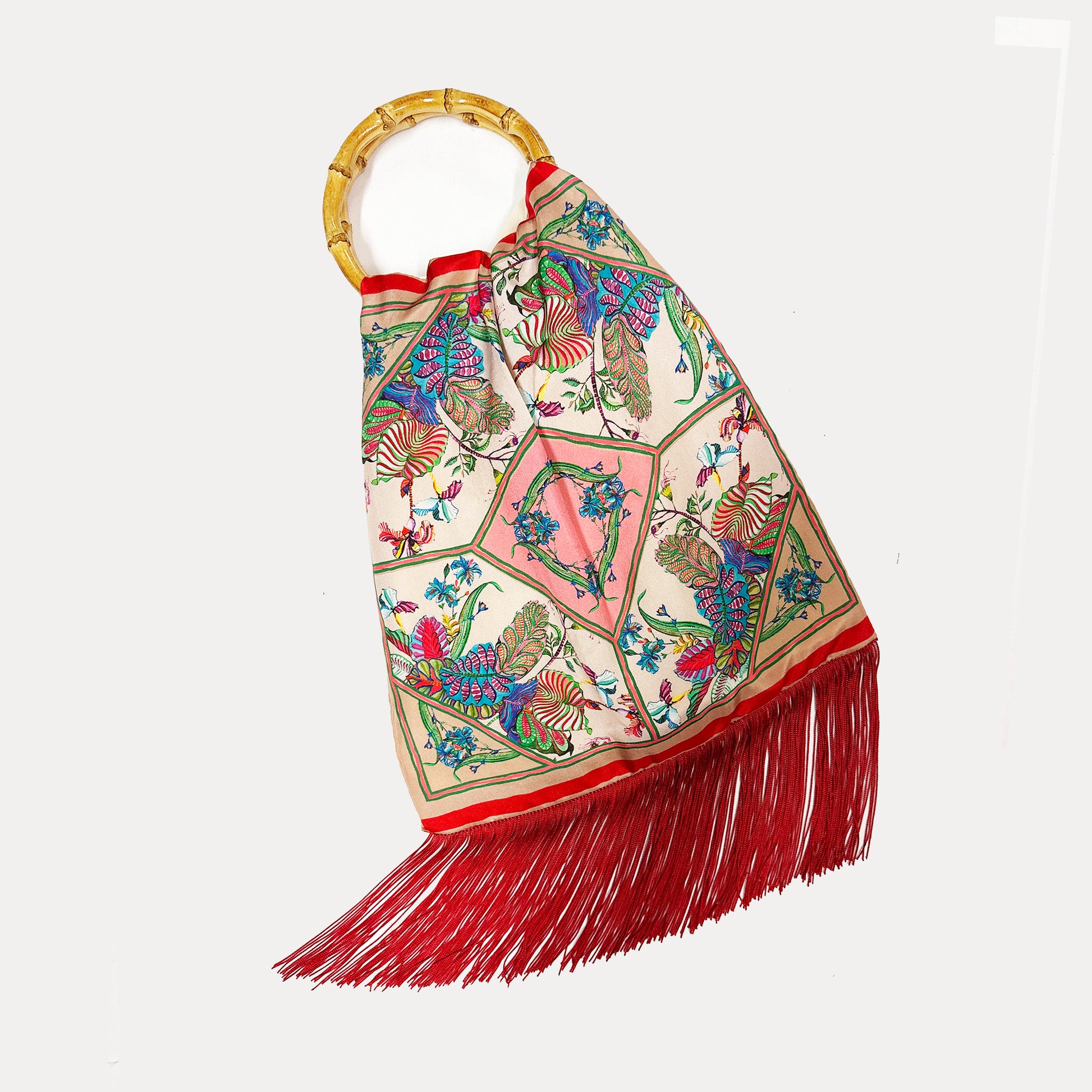 Eleni Malami Avra Cream large silk handbag with bamboo handles, elegant luxury handbag with a soft, cream-colored design.