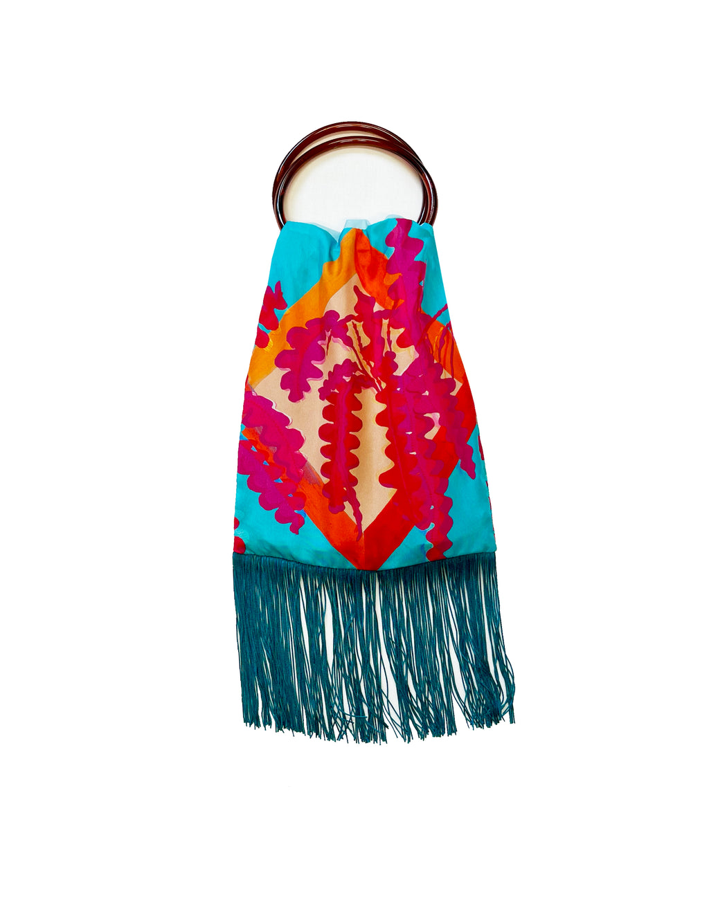 Colorful handbag with teal fringes 