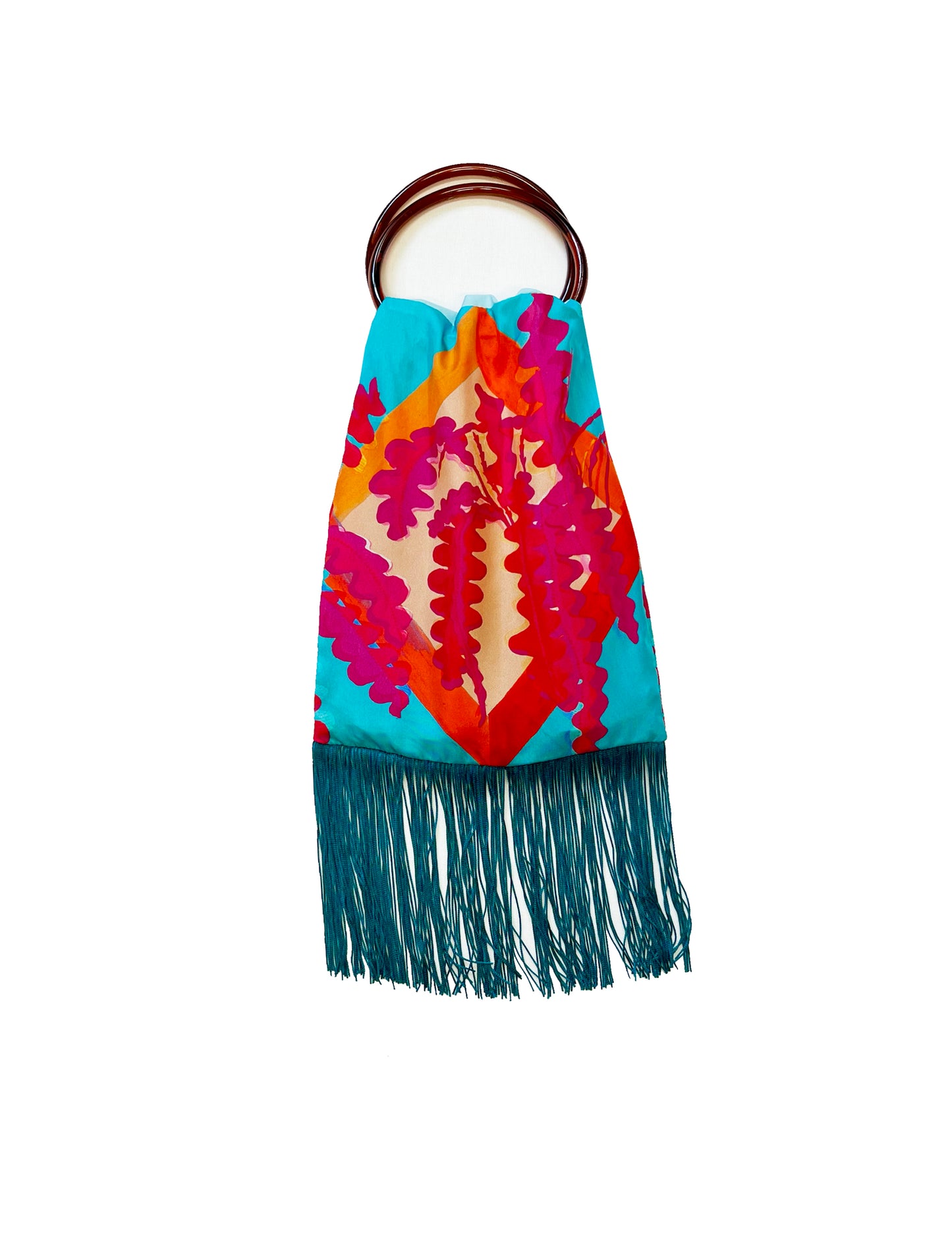 Colorful handbag with teal fringes 