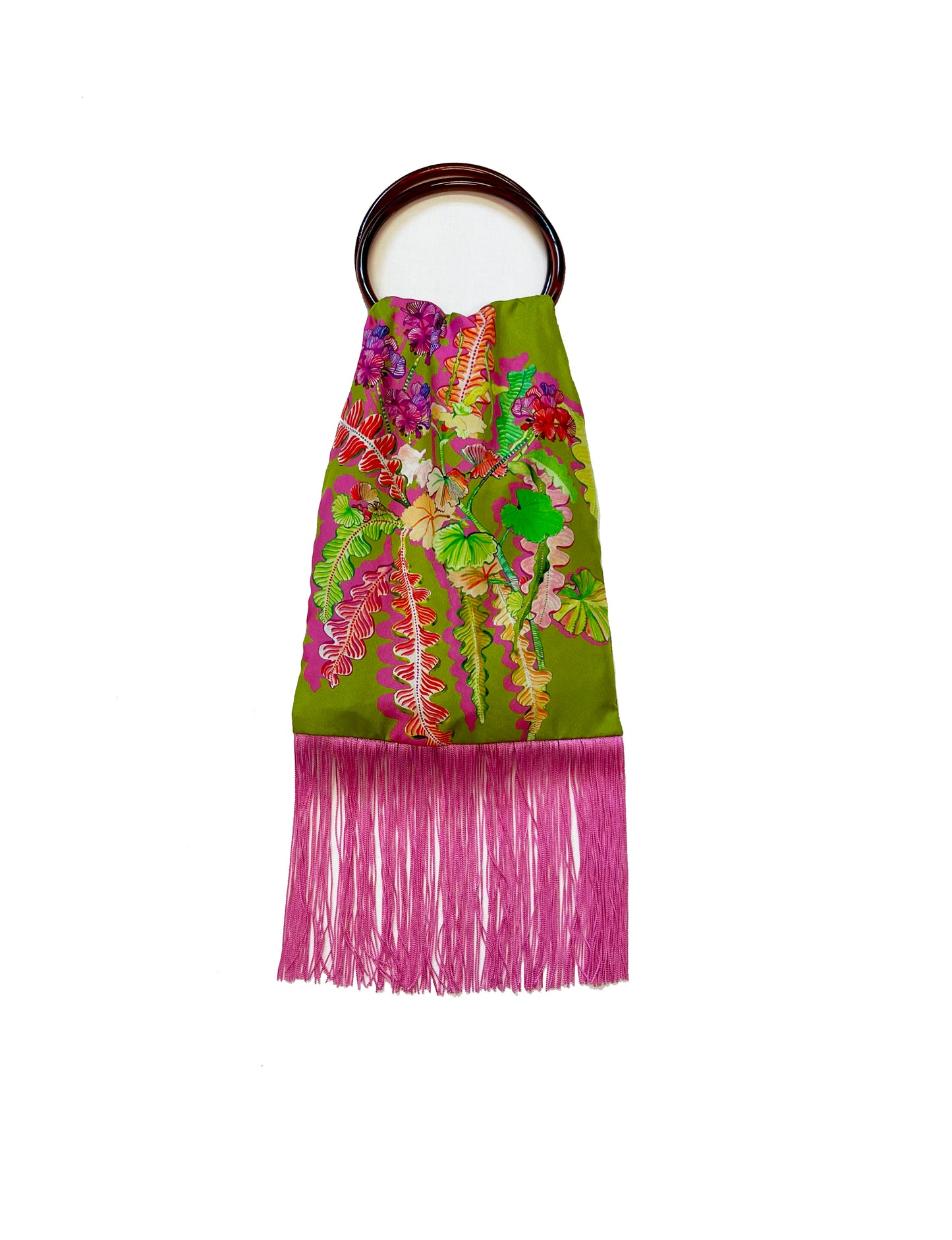 Olive Green silk luxurious Handbag with pink fringe 