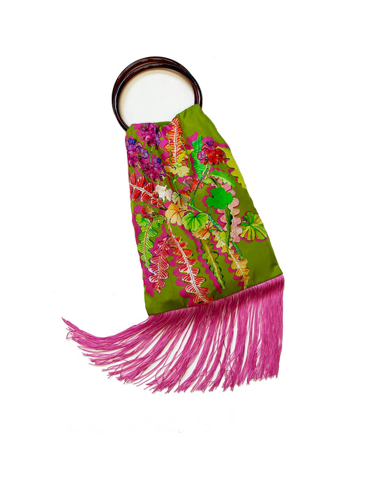Geranium Olive and Magenta Silk Luxury Fringe Handbag