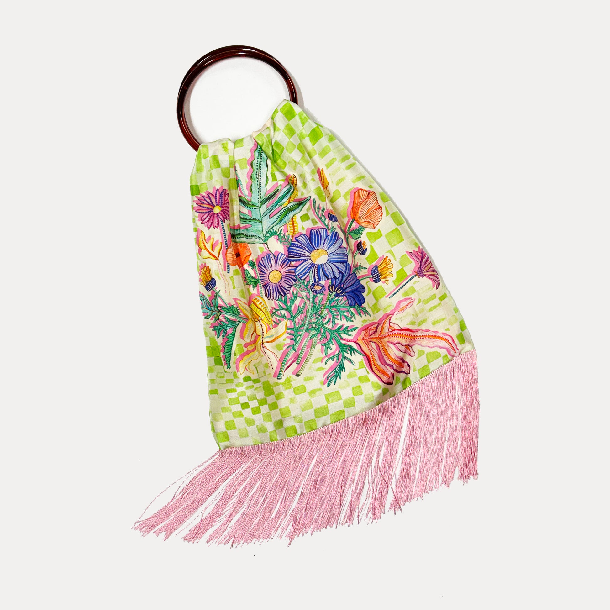 Large lime silk handbag by Eleni Malami with elegant design and luxurious texture, perfect for stylish accessories.
