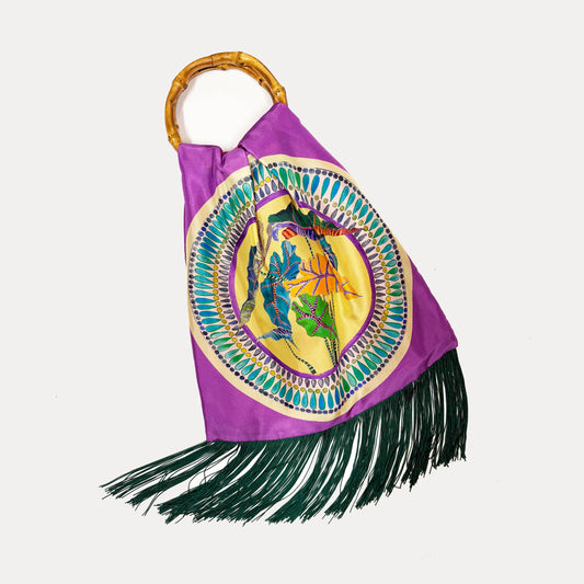 Eleni Malami Margarita purple large silk luxury handbag with bamboo handle, showcasing elegant design and vibrant color.