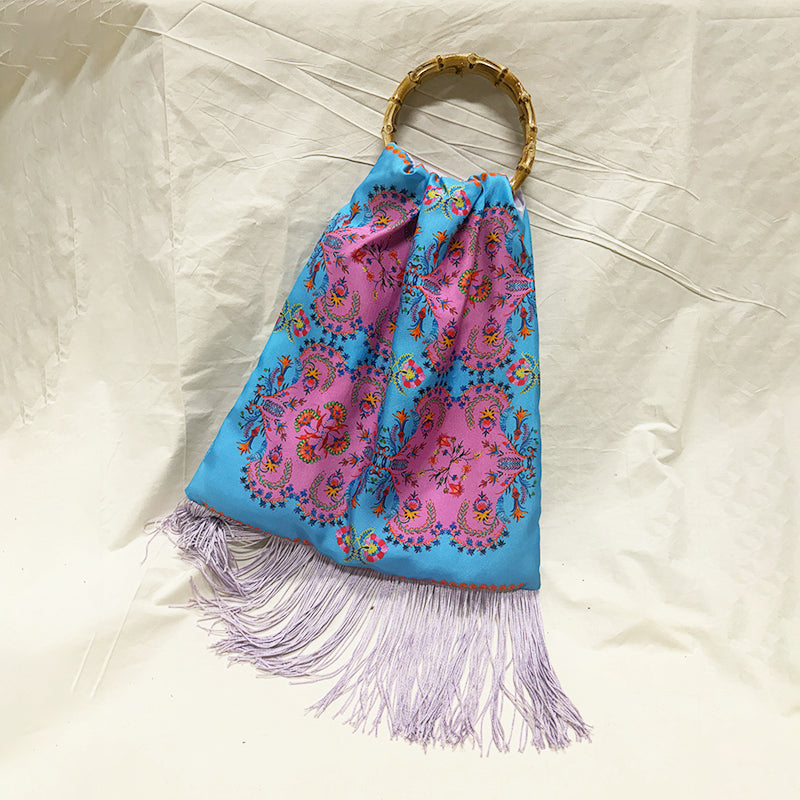 Myrine Ciel & Lilac Large Silk Luxury Handbag with Bamboo Handle