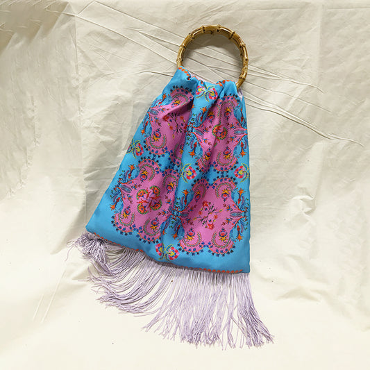 Myrine Ciel & Lilac Large Silk Luxury Handbag with Bamboo Handle