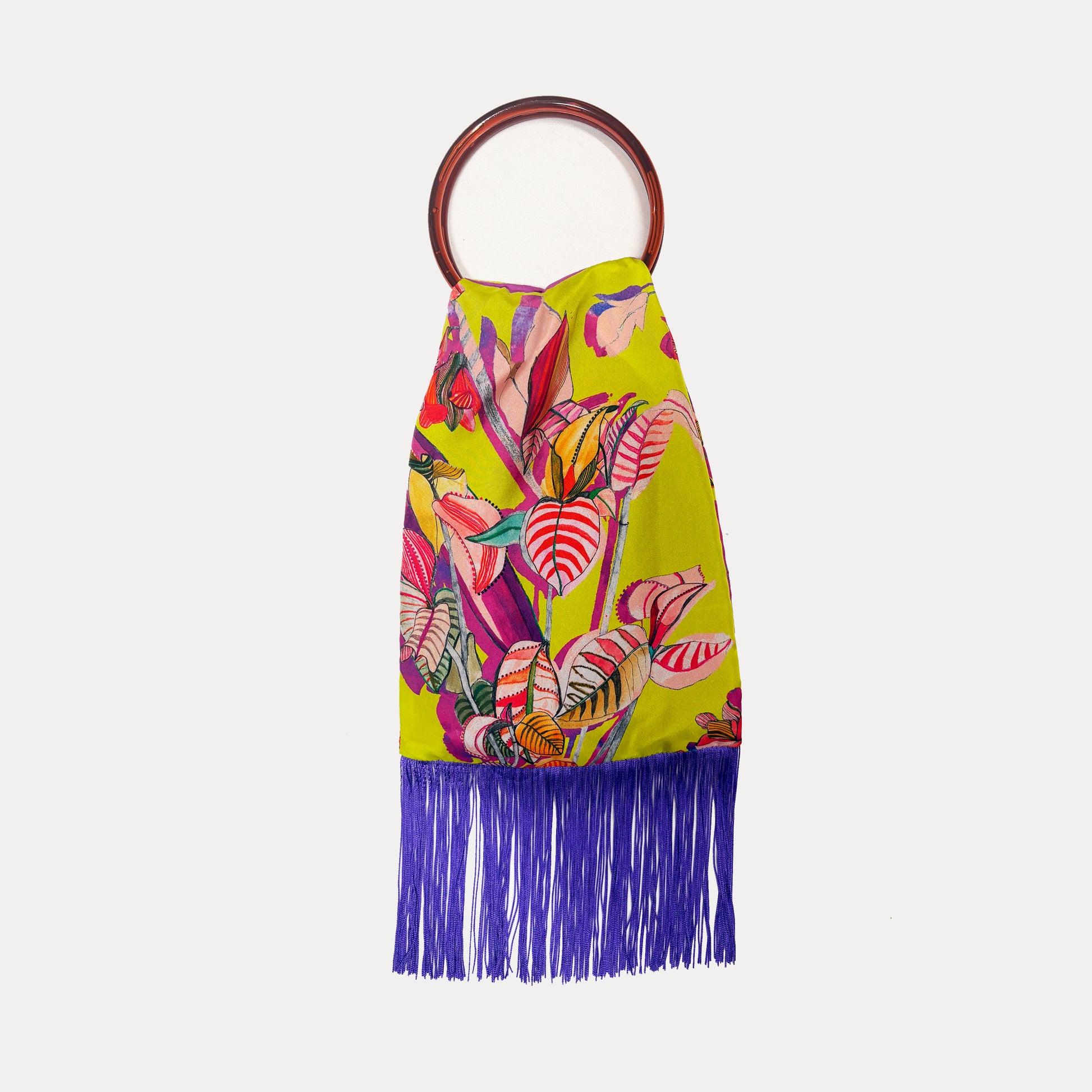 Eleni Malami Euphoria Lime silk luxury handbag with elegant design and small size, featuring a smooth silk fabric and stylish handle.