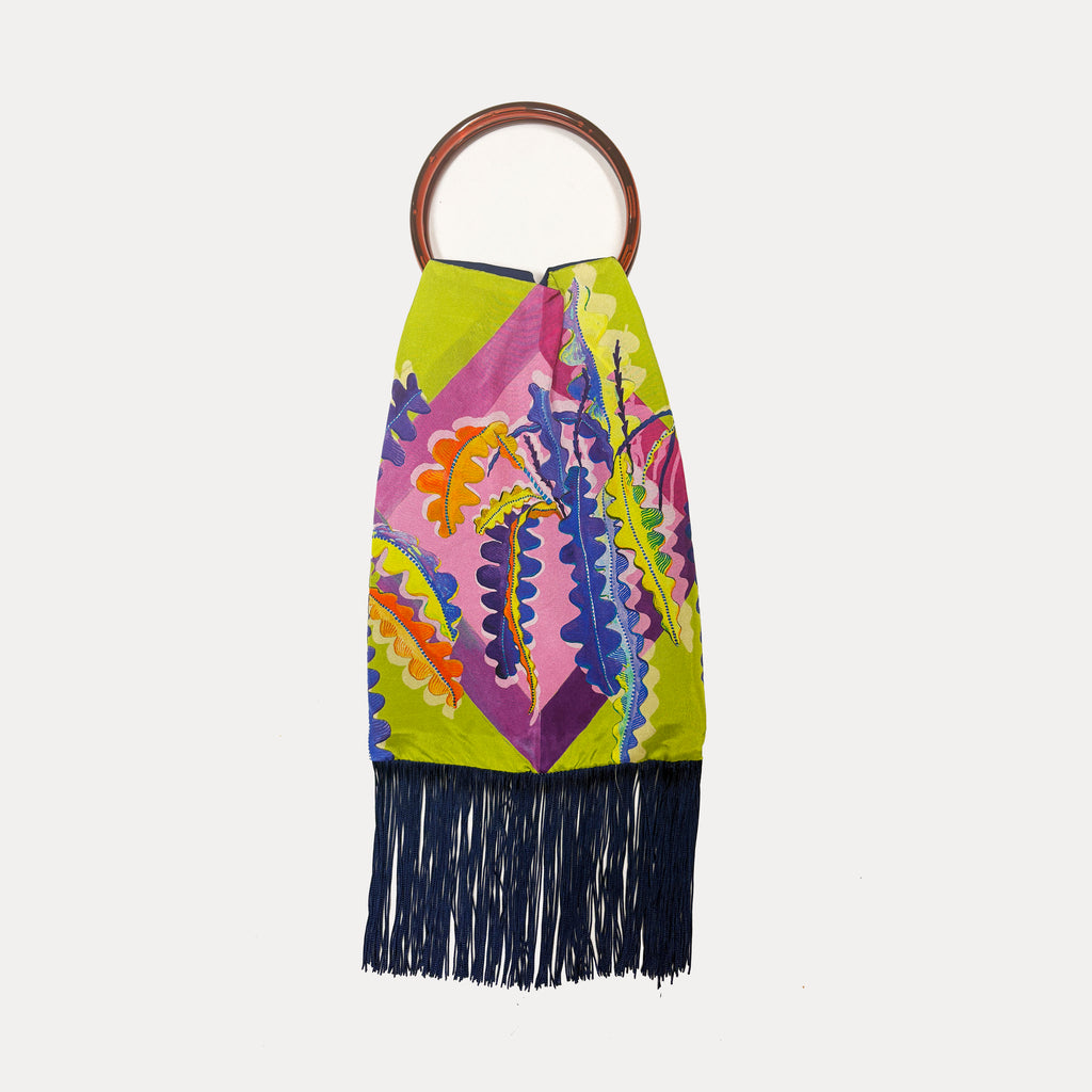Eleni Malami Fern Olive silk luxury handbag with elegant design and smooth fabric, showcasing its stylish and sophisticated appearance.