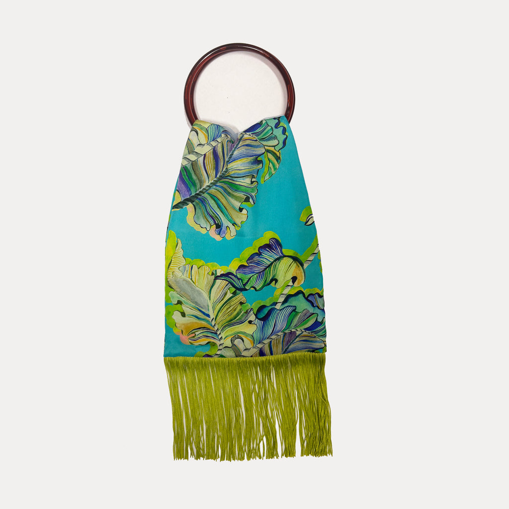 Eleni Malami Ioli Ciel silk luxury handbag featuring elegant design and soft silk fabric, small size with stylish details.