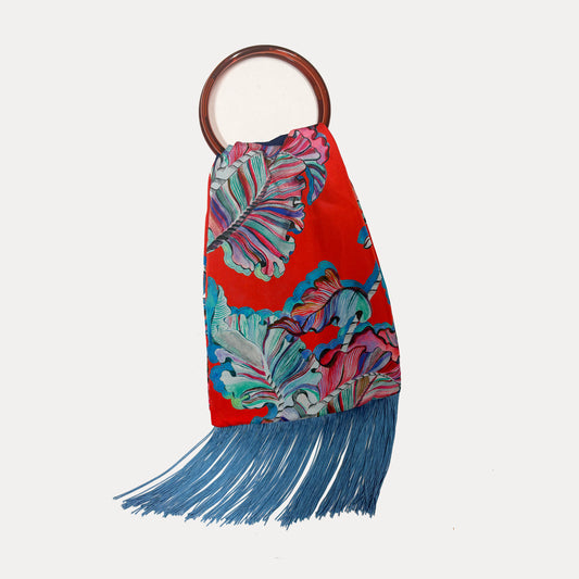 Eleni Malami Ioli Red and Ciel silk luxury handbag with elegant design and delicate silk fabric, small size, and stylish appearance.