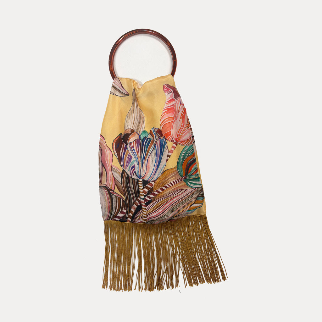 Eleni Malami Tulipa Nude Silk luxury handbag with soft silk fabric, compact design, and elegant style.