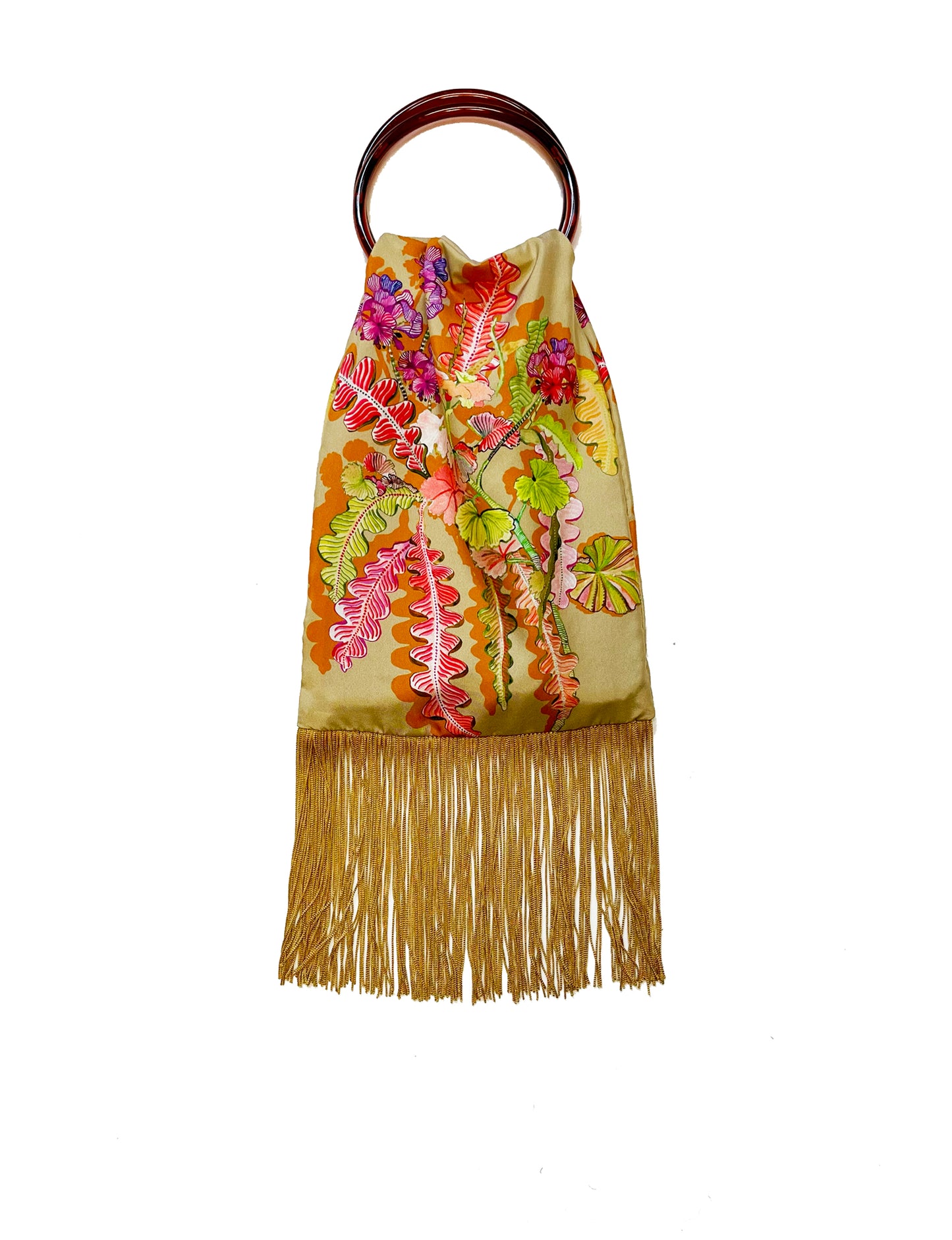 Geranium Beige & Old-Gold Silk Luxury Fringe Handbag