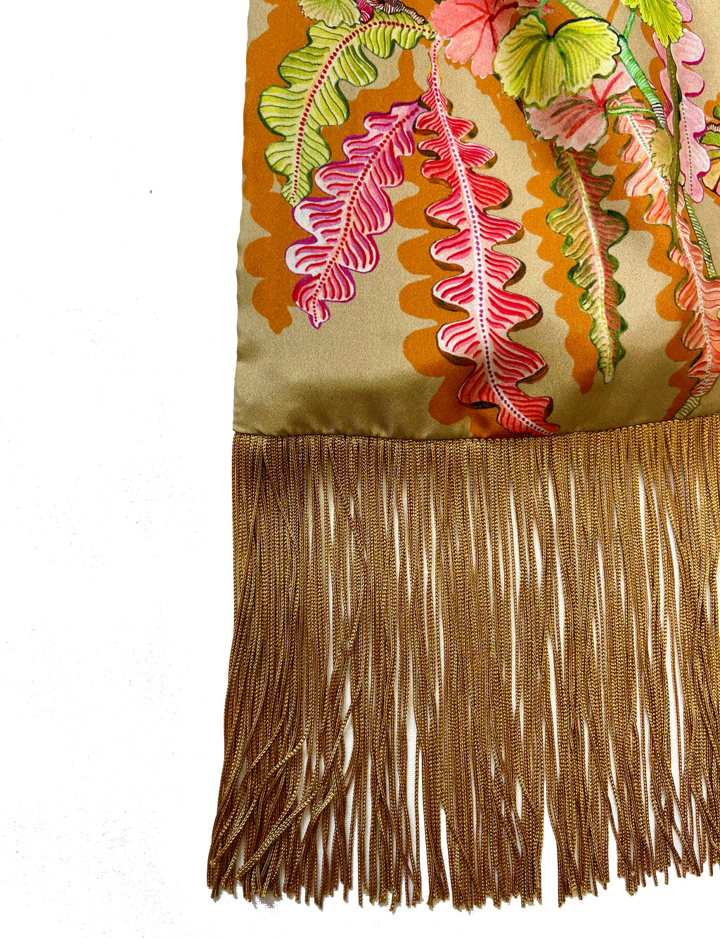 Eleni Malami beige and old-gold silk luxury fringe handbag with intricate detailing and elegant design.