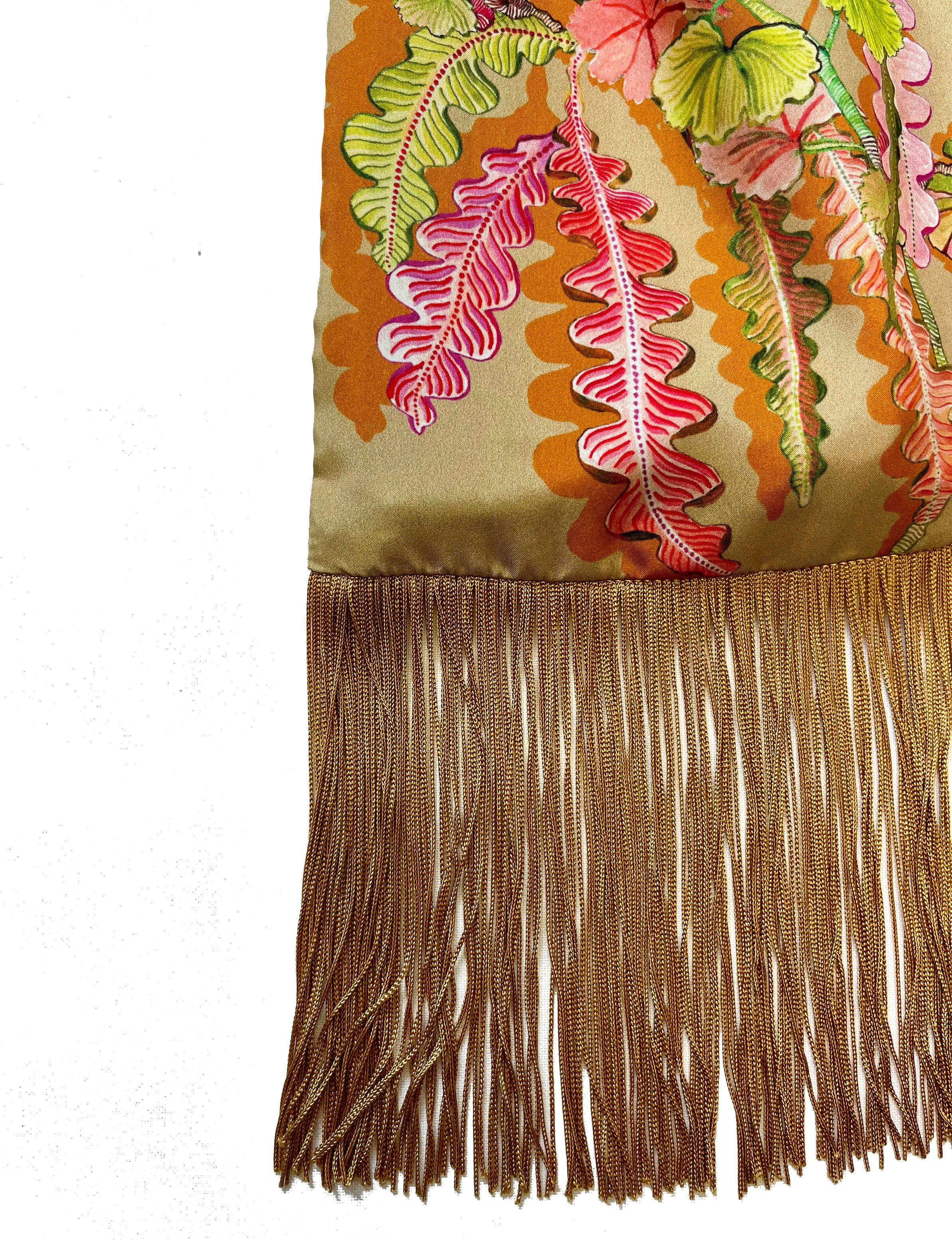 Eleni Malami beige and old-gold silk luxury fringe handbag with intricate detailing and elegant design.