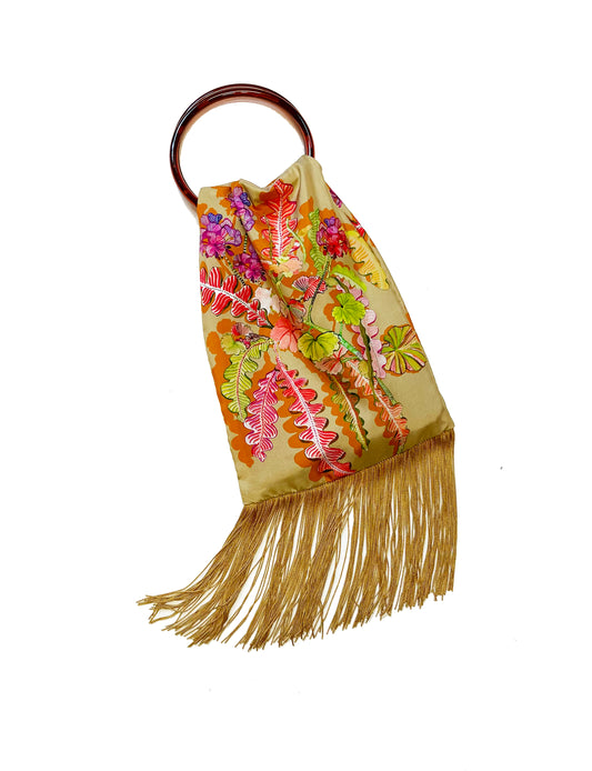 Geranium Beige & Old-Gold Silk Luxury Fringe Handbag