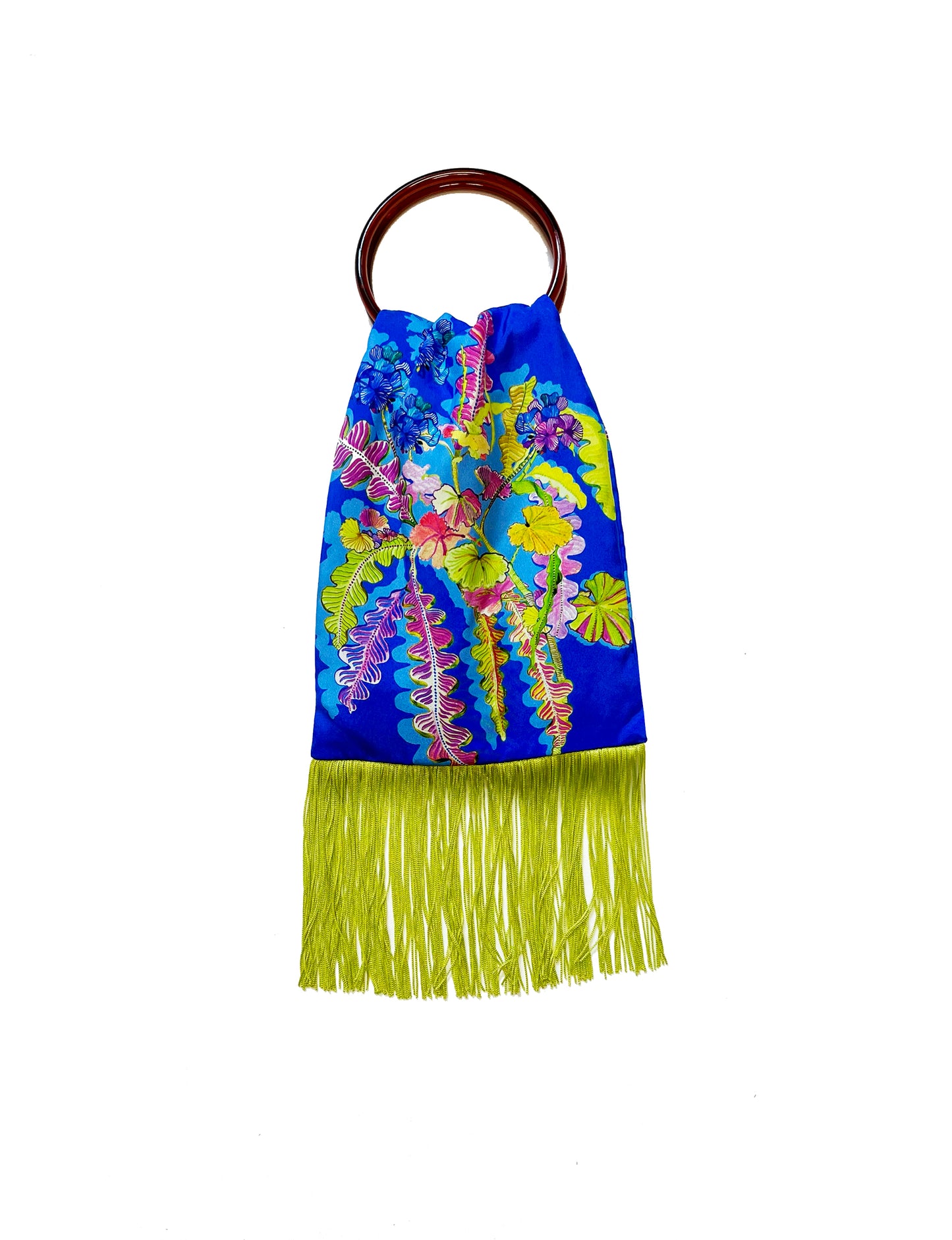 Geranium Cobalt & Lime Silk Luxury Fringe Handbag