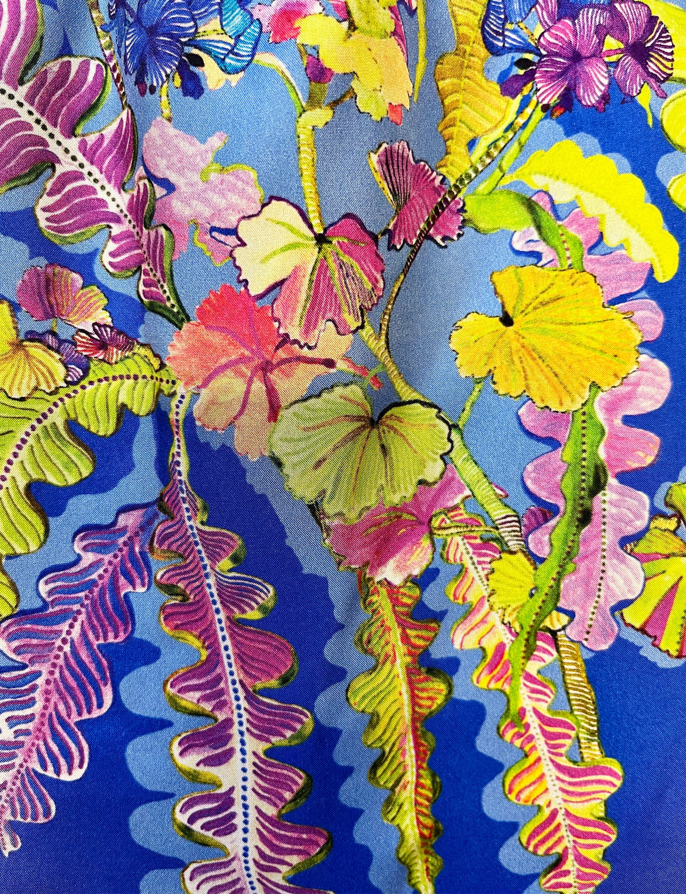 Eleni Malami Geranium Cobalt and Lime silk luxury fringed handbag with intricate detailing and vibrant color accents.