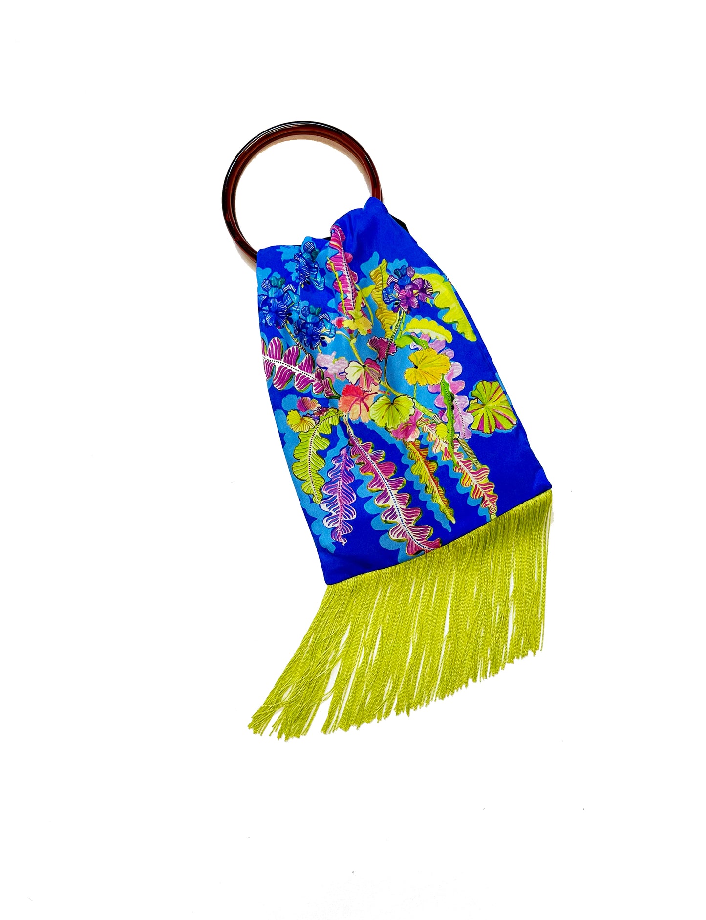 Geranium Cobalt & Lime Silk Luxury Fringe Handbag