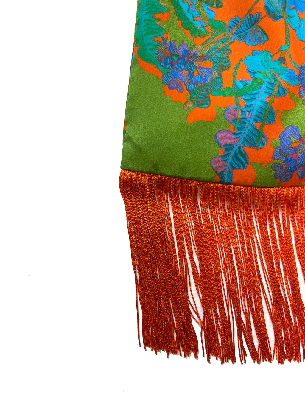 Eleni Malami luxury silk handbag with green and orange geranium floral fringe, elegant and vibrant accessory.
