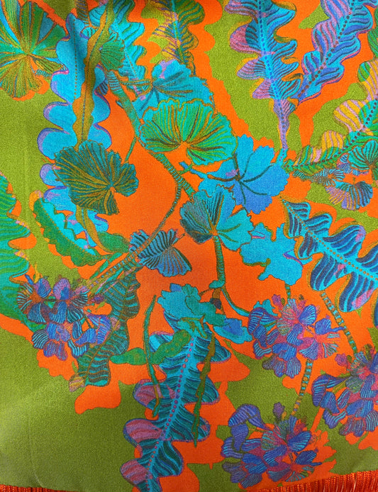 Geranium Green & Orange Silk Luxury Fringe Handbag