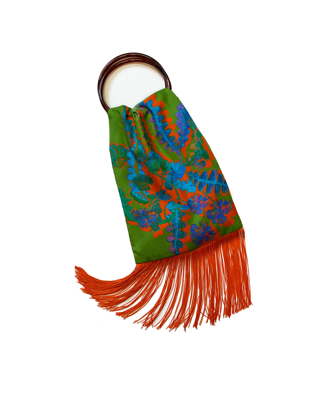Eleni Malami luxury green and orange silk fringe handbag with intricate detailing and elegant design.