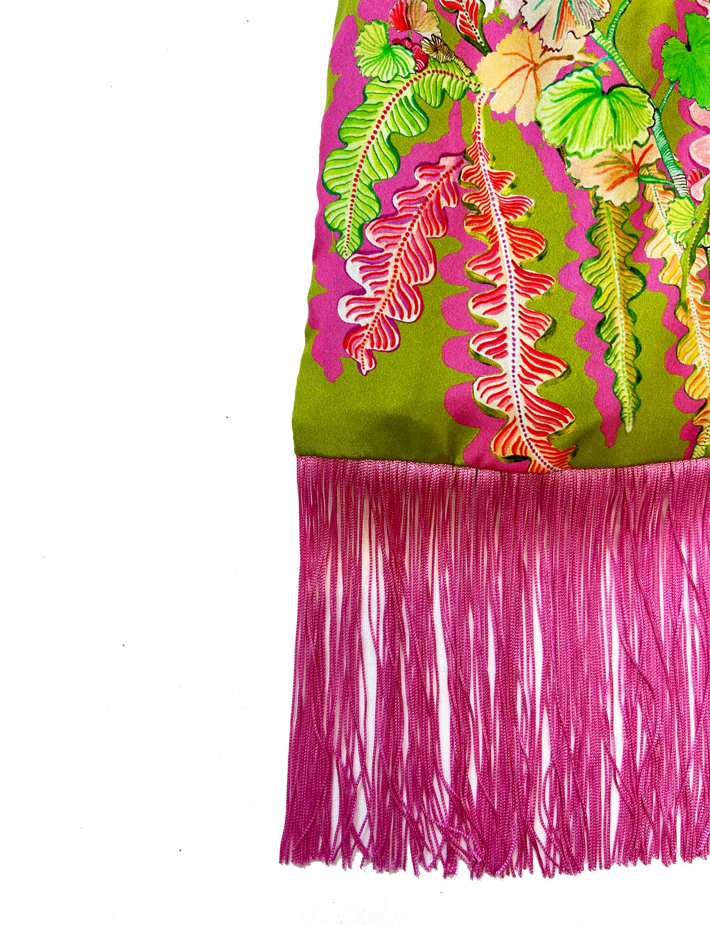 Eleni Malami silk handbag with olive and magenta geranium embroidery and luxurious fringe detail.