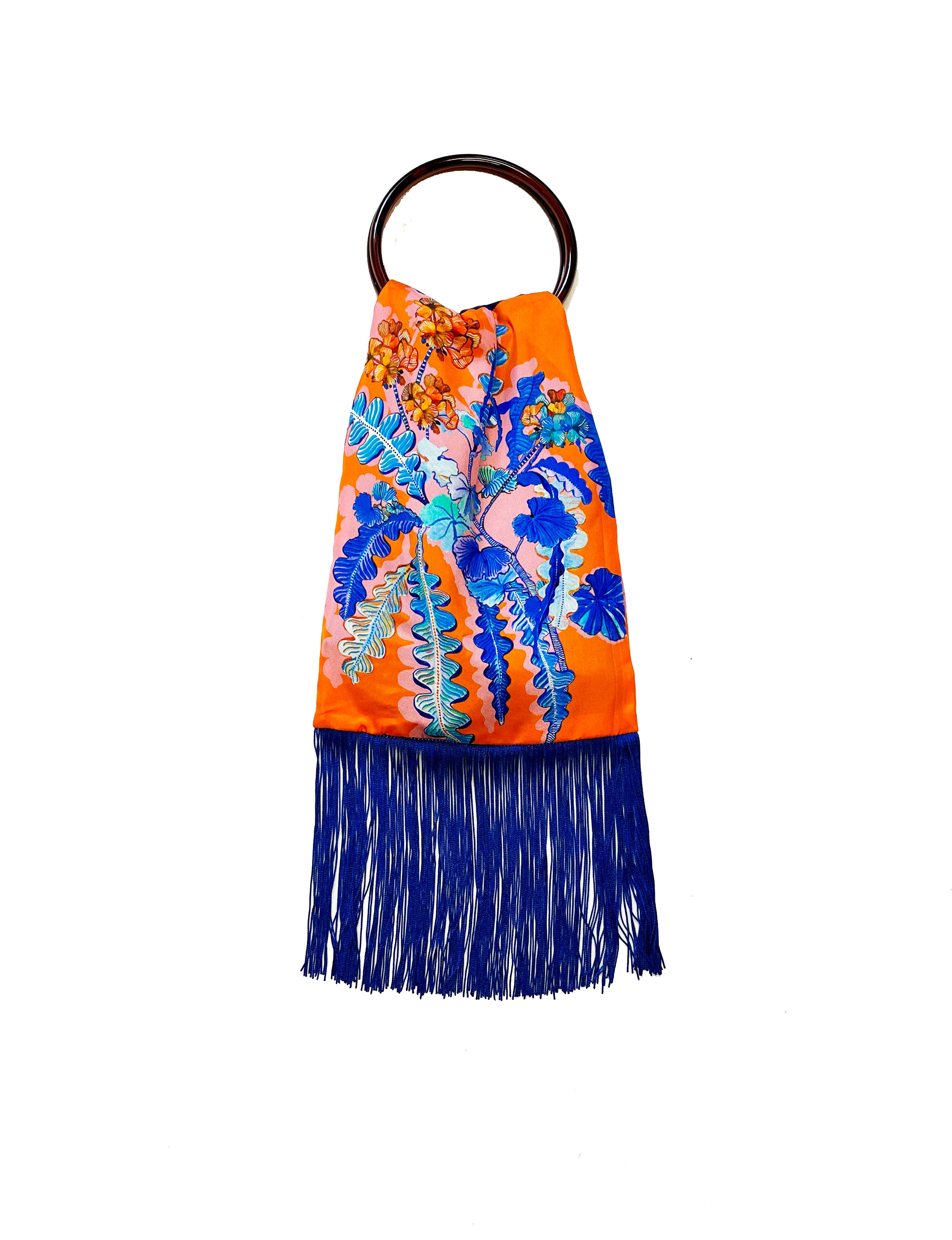 Eleni Malami Geranium Orange and Cobalt silk luxury fringe handbag with intricate handwoven design and elegant tassel details.